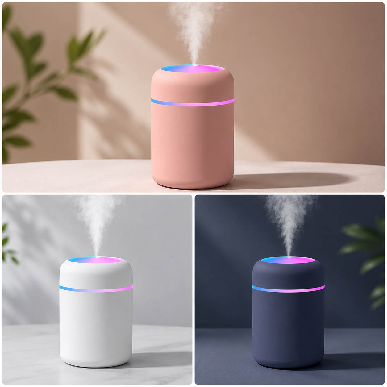 Minimalist humidifiers with pastel LED glow